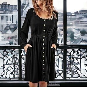 Womens Round Neck Midi Dresses Black Button Up High Waist XL